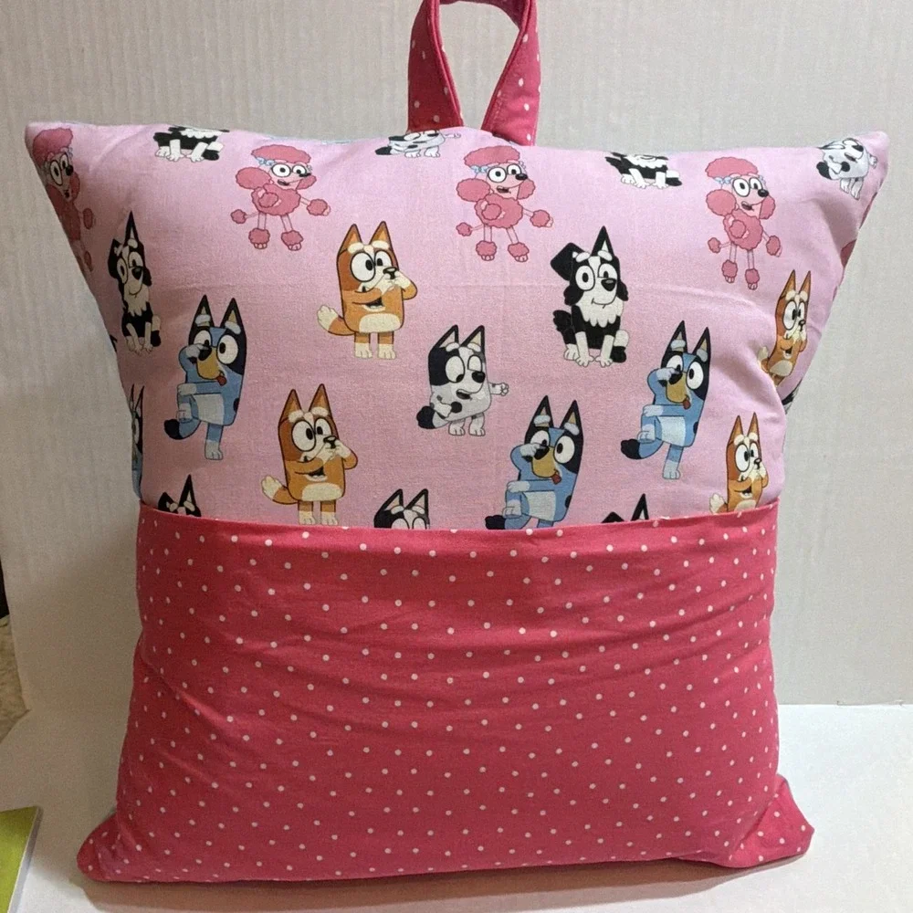 Bluey Kids reading Pillow w/Pocket and Handle Pink Polka Dot 18 in x 18 in
